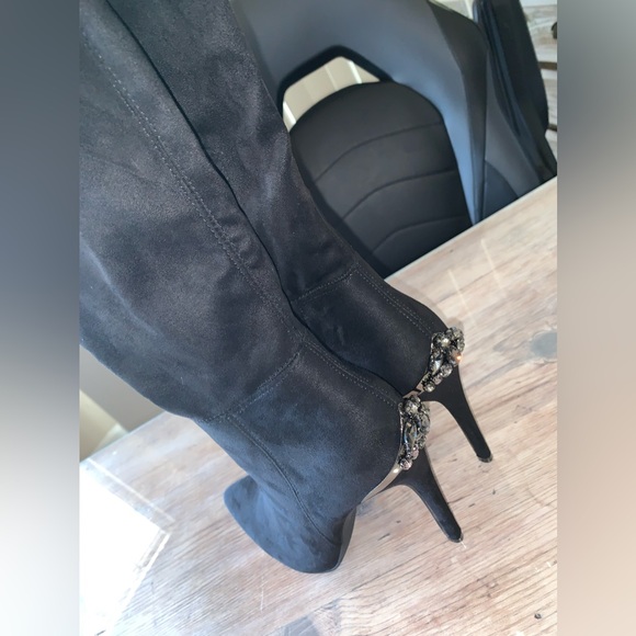 Venus Stiletto Black Suede Crystal Embellished Knee High Boots - Picture 3 of 17